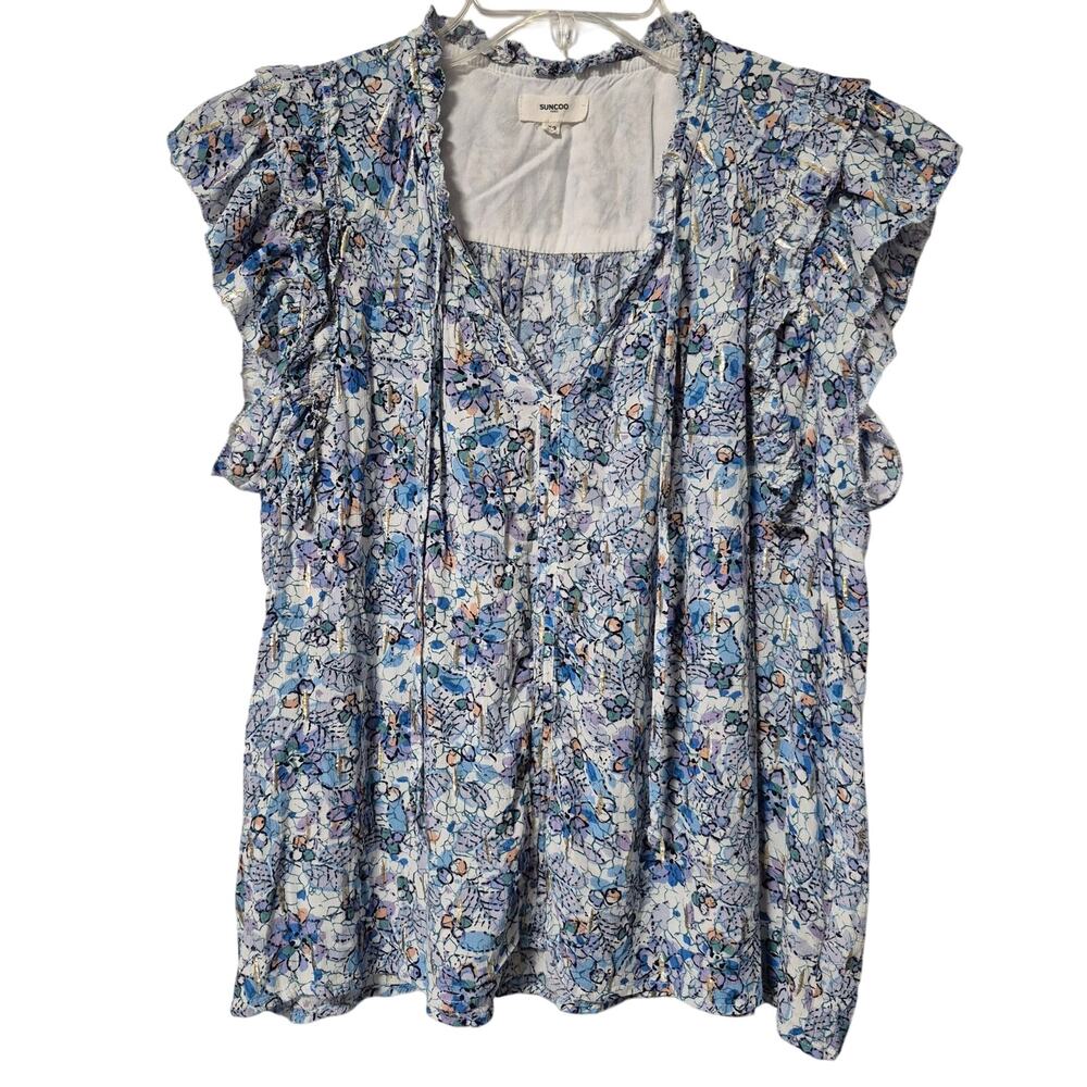 Suncoo Womens Luce Floral Ruffled Blouse with Cap Sleeves Blue White Medium